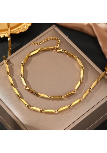 Gold Küp Model Unisex Kararmaz Yüksek Kalite Çelik Kolye&bileklik Gold