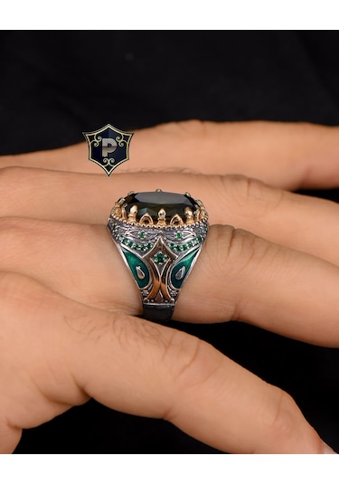 925 Ayar Gümüş Erkek Yüzüğü Peridot Taşlı Zirkon Taş Süslemeli