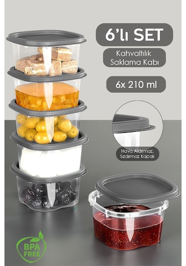 6'lı Kapaklı Kahvaltı Seti - Kahvaltılık Saklama Kabı Seti 210 Ml - Gri