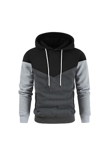 Erkek Patchwork Kapşonlu Kazak Hoodies Giyim Rahat Gevşek Polar Sıcak Sokak Giyimi Erkek Moda Sonbahar Kış Spor Dış Giyim Gri