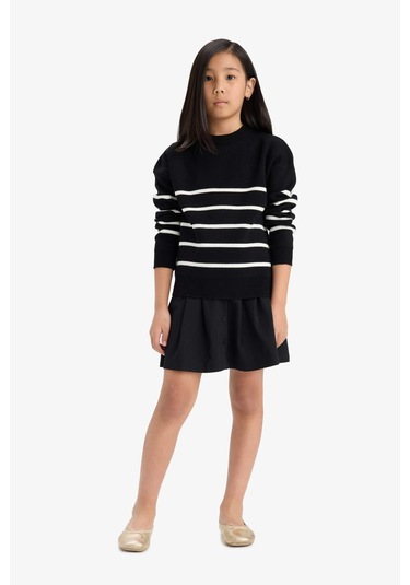 Defacto Kız Çocuk Bisiklet Yaka Çizgili Triko Kazak Z0194a625aubk27 Siyah