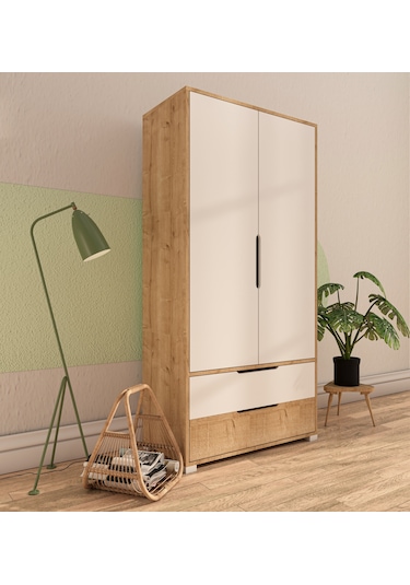 Flora 2 Kapaklı 2 Çekmeceli Gardırop Safir Meşe - Beyaz Elbise Do