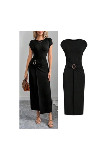 Kadın Yarım Ay Kollu Yuvarlak Yaka Önünde Toka Detaylı Modal Maxi Elbise Siyah