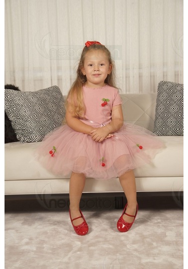 Tüllü Astarlı Esnek Kirazlı Elbise Kısa-gülkurusu Gülkurusu