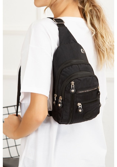 Newish Polo Kadın Krinkıl Kumaş Çapraz Tek Kol Göğüs Ve Omuz Sırt Çantası-crossbody Bag Siyah