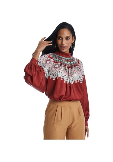 Kadın Yaka Büzgülü Desenli Bluz Salaş Kesim Ve Yüksek Yaka Detaylı Kiremit