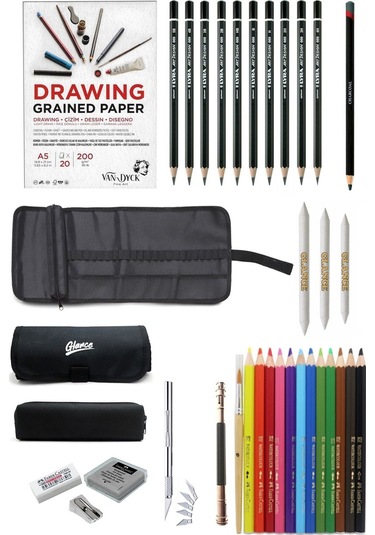 Van Dyck A5 Çizim Defteri 200 Gr 20 Yp Lyra Dereceli Kalem Faber Aquarel Çantalı Çizim Eskiz Seti
