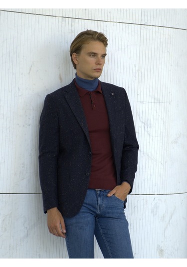 Erkek Yün Ceket Nopeli Mono Yaka Torba Cep Çift Yırtmaç Slim Fit Ceket Ncs Jeans 4003-Lacivert