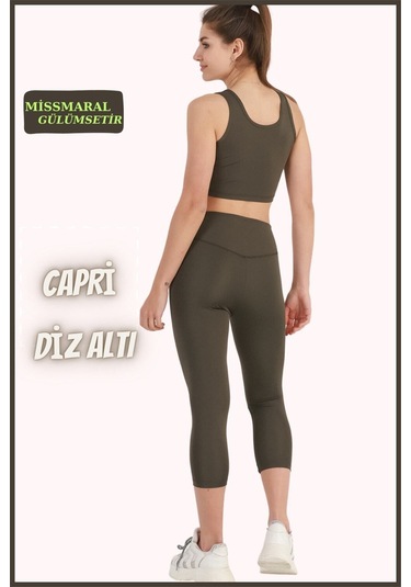 Kadın Yüksek Bel Toparlayıcı Kapri Tayt Dar Paça Karyoka Dikiş Detaylı Capri Haki 1020 Haki