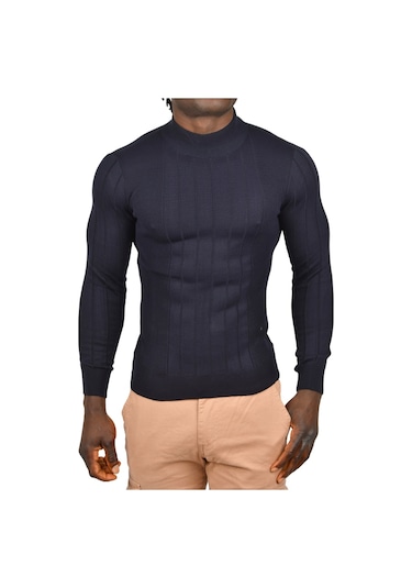 Deepsea Erkek Lacivert Yarım Balıkçı Yaka Çizgili Tüylenmeyen Slim Fit Triko Kazak 2505491 Lacivert