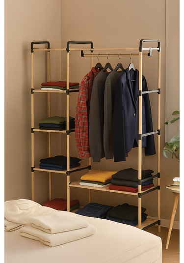 Ne-03 Modüler Raflı %100 Masif Ahşap Elbise Askısı Açık Gardırop Ahşap
