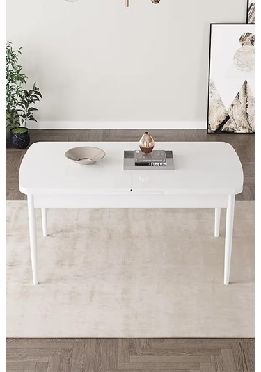 Loft Beyaz 80x132 Açılabilir Mdf Masa Yemek Odası Takımı, Mutfak Takımı 4 Sandalye, 1 Bench Krem