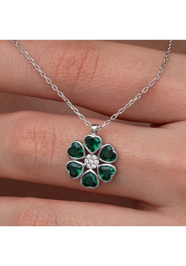Gümüş Yeşil Kalpli Çiçek Kadın Kolye Sl10616 Gümüş