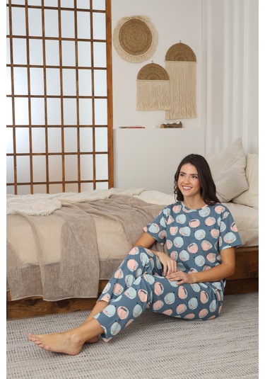 Kadın Yazlık Kısa Kol Penye Süprem Kumaş Pijama Takımı Mavi Turuncu