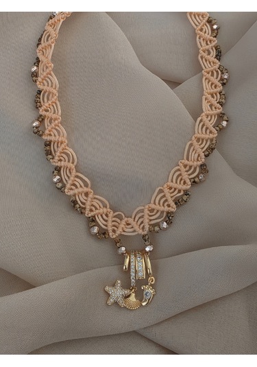 Makrome Bohem İp Örme Siyah El Yapımı Bağlamalı Kolye Pembe