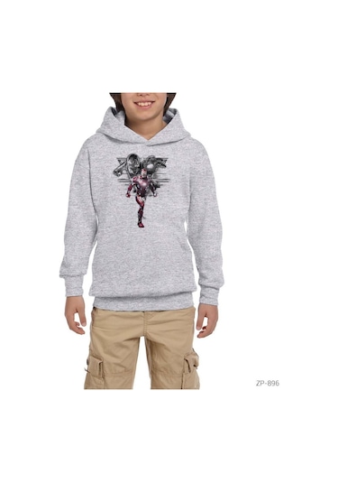 Iron Man Digital Gri Çocuk Kapşonlu Sweatshirt