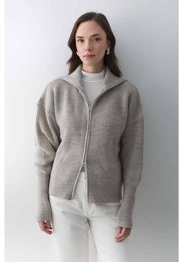 Koyu Bej Çift Fermuarlı Hırka - 251080 Koyu Bej