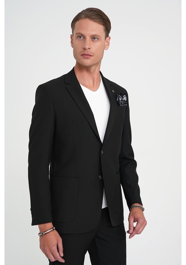 Slim Fit Torba Cep Esnek Pamuk Düz Siyah Blazer Ceket C 712 Siyah