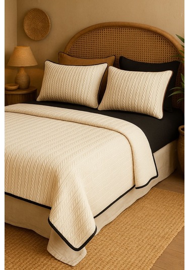 Siyah-krem Örgü Desen Çift Kişilik Nevresim Takımı Pike Tkm Çok Renkli