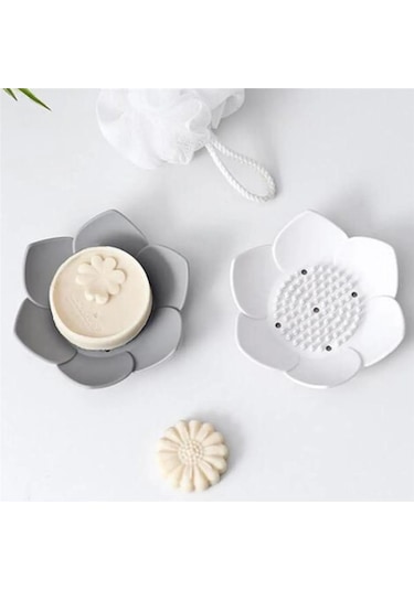 2 Adet Lotus Desenli Sabun Ve Sünger Tutacağı Silikon Gri Su Giderli Lotus Şık Katı Sabunk Diğer