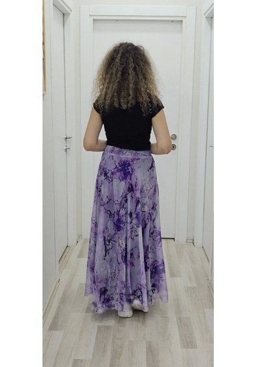 Bel Lastikli Kloş Desenli Şifon Etek 6003-mor Mor