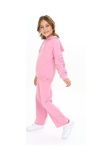 Toontoy Kız Çocuk Kapüşonlu Kol Çiçek Baskılı Eşofman Takım Gül Kurusu