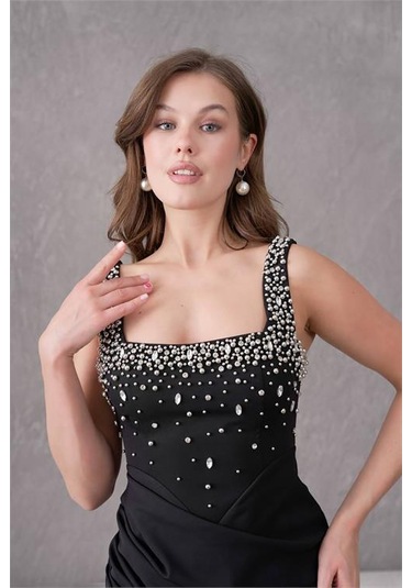 Dipmoda Kadın Taş Detaylı Askılı Uzun Abiye Elbise Dpnbs9367 Siyah