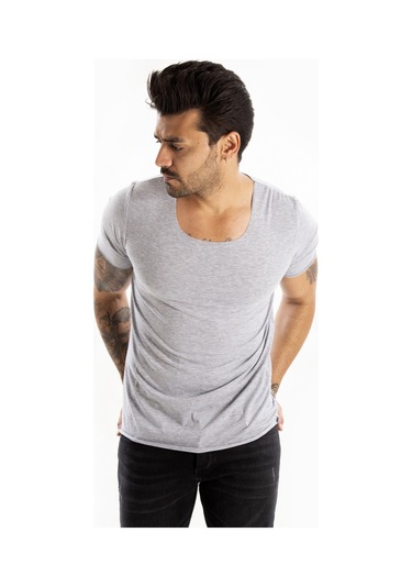 Deepsea Erkek Gri Geniş Yaka Likralı Tişört Oval Yaka Slim Fit Eteği Oval Açık Yaka T-shirt 1801199 Gri