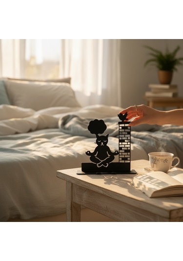 Meditasyon Yapan Kedi Ve Kuş Tasarımlı Dekoratif Metal Telefon Standı