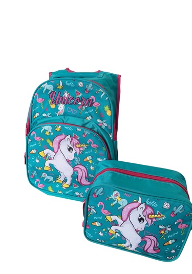 İlk Okul Çantası 2'li Set Ilkokul Çantası Unicorn Desenli Yüksek Kaliteli Okul Çantası Mint Yeşili