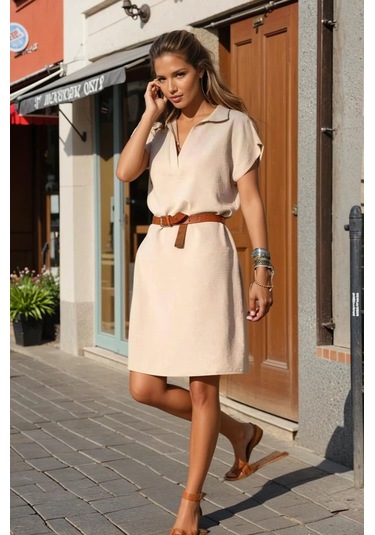 Kadın Bol Kesim Polo Yaka Kısa Kollu Günlük Kısa Midi Elbise Dizüstü 2883220 Taba