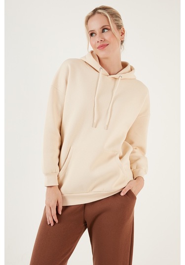 Lela Regular Fit Pamuklu Kapüşonlu Yaka Şardonlu Kışlık Bayan Sweat 5863854 Taş