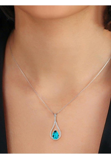 Brezza Lusso Jewelry Pırlanta Model Aquamarin Taşlı Damla Kadın Gümüş Kolye 45 CM