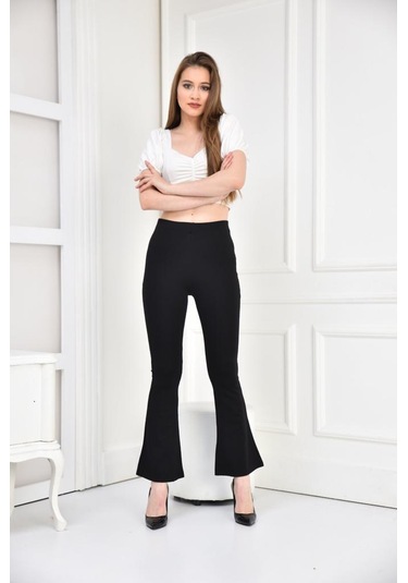Kadın Siyah İspanyol Paça Toparlayıcı Yüksek Bel Tayt Siyah