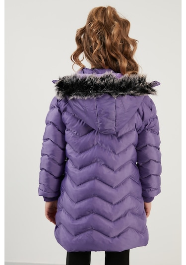 Lela Peluş Astarlı Yakası Suni Kürklü Çıkarılabilir Kapüşonlu Kışlık Kız Çocuk Mont 5766041 Lila