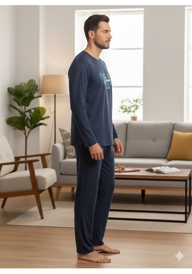 Erkek Uzun Kol Kışlık Pijama Takım Koyu Mavi
