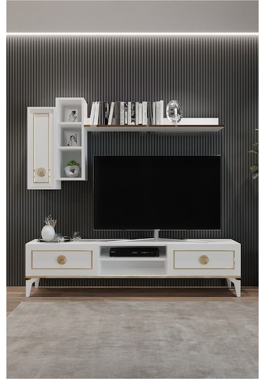 Tocco 1051 Mahur Modern Kitaplıklı Raflı Sehpa Tv Ünitesi-beyaz
