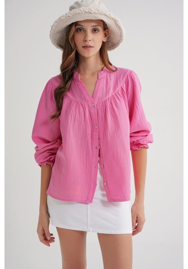 4733 Kadın Büzgü Robalı Uzun Kol Müslin Gömlek Pembe Pembe