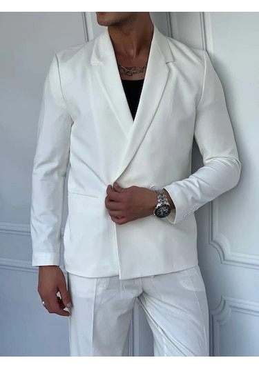 Modefendi 2 Düğme Detaylı Oversize Kesim Baggy Takım Beyaz