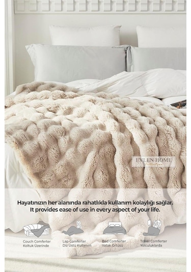 Kürk Yatak Örtüsü Çift Kişilik Dolgulu Peluş Yumuşak Çift Taraflı Yorgan 3 Parça Loria Bej Bej