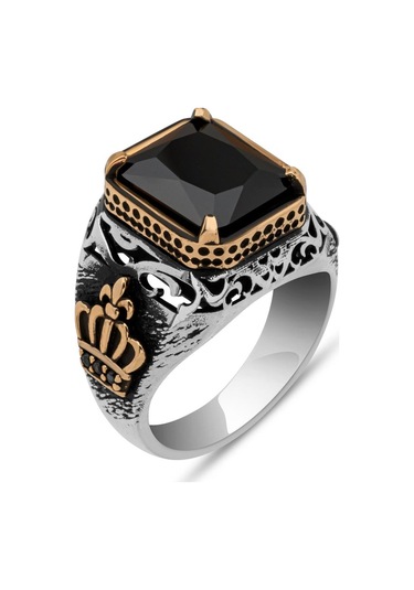 Siyah Taşlı Kral Tacı Motifli 925 Gümüş Yüzük Beyaz