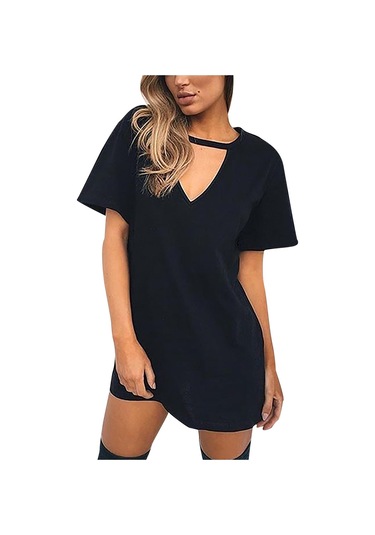 Kahve Moda Kadın Rahat Kısa Kollu V Yaka Katı Bayanlar Mini Elbise Oymak Kahve