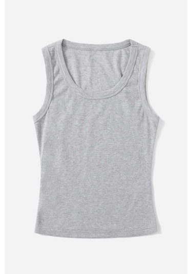Merry See Düz Renk Kadın Kolsuz Bluz Crop Top Gri