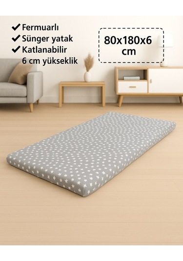 Sünger Yatak 80x180x6 Cm, Yer Yatağı, Balkon Yer Minderi,şantiye,karavan,deprem Yatağı-gri Yıldız
