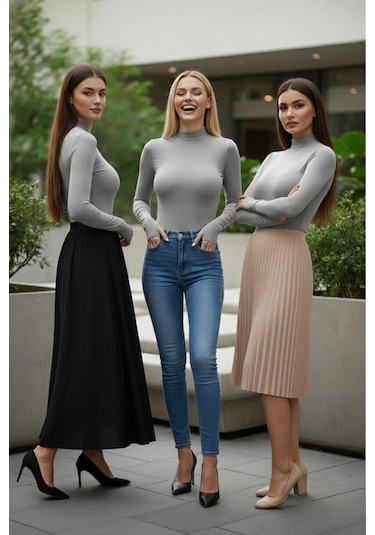 3 Lü Parmak Geçmeli Kadın Body Seti Gri