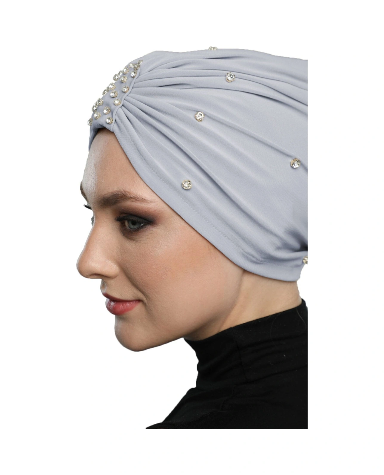 Zeni Taşlı Astarlı El İşi İşlemeli Açık Gri Hazır Türban Tesettür Bonesi Açık Gri