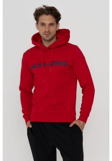 Jack & Jones Erkek Logo Baskili Kapüsonlu Sweatshirt - Deldrick 12193083 Tango Red Siyah