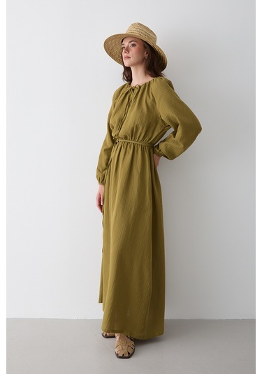 Haki Bağlama Detaylı Müslin Elbise - 2004 Haki