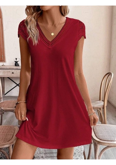 Kadın Kısa Kollu V Yakalı Viskon Elbise Bordo