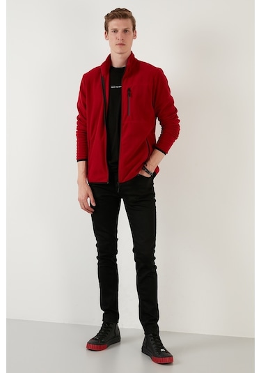 Buratti Slim Fit Fermuarlı Cepli Dik Yaka Polar Erkek Hırka 5906028 Bordo